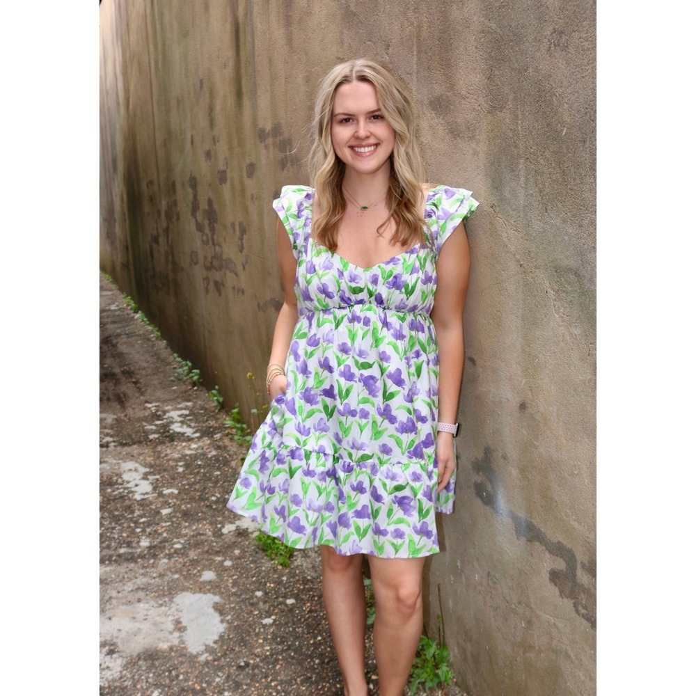 MOD On Trend Floral Mini Dress Violet Purple Green Ruffle Smocked DK9899 NEW